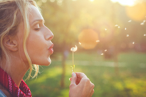 Close-up of a happy young blonde woman blowing dandelion, enjoying the sun, fresh air and a freedom.