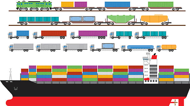 ilustraciones, imágenes clip art, dibujos animados e iconos de stock de recipiente. el transporte. - shunting yard freight train cargo container railroad track