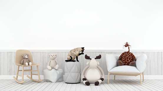 Cat playing with doll reindeer bear and giraffe in kid room - 3D rendering