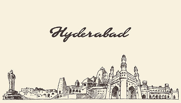 hyderabad skyline vektor-illustration gezeichnet sketch - hyderabad stock-grafiken, -clipart, -cartoons und -symbole