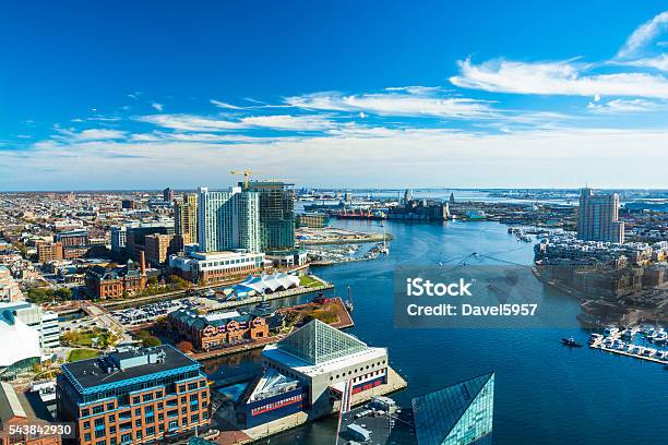 Baltimore Aerial With Patapsco River Waterfront Stock Photo - Download Image Now - Baltimore - Maryland, Maryland - US State, Inner Harbor - Baltimore