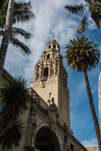 California Tower, historic building located in Balboa Park, central San Diego California. The tower was built for the 1915 16 Panama-California Exposition and served as the grand entry to the Expo.