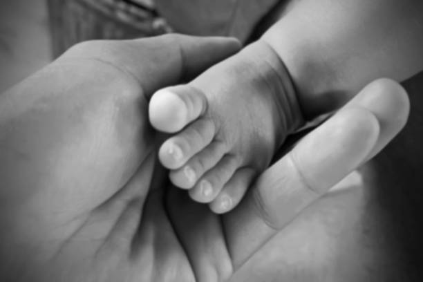 istock Baby foot in mothers hands, black and white 543843304