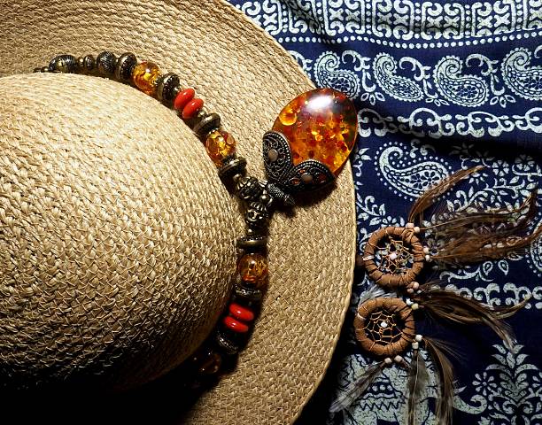 istock Top view ; straw hat , dreamcatchers with necklace 543843532