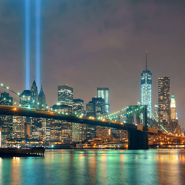 뉴욕시행 숙박  - new york city night brooklyn bridge skyline 뉴스 사진 이미지
