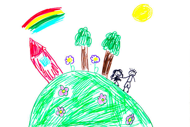 幸せな家族 - childs drawing child preschool crayon ストックフォトと画像