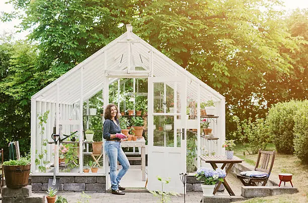 Beautiful woman gardening by her greenhouse