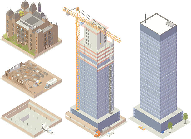 Demolition and Construction Illustration Isometric illustration of buildings undergoing demolition and construction. Includes an abandoned building, a structure being torn down, a lot with cement mixer pouring a foundation, a skyscraper under construction with tower crane, and a completed office building. demolished illustrations stock illustrations