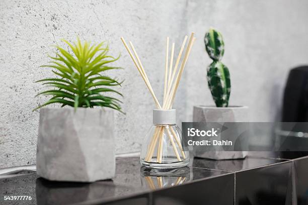 Air Fresher And House Plants On Black Tiles Stock Photo - Download Image Now - Air Freshener, Scented, Home Decor