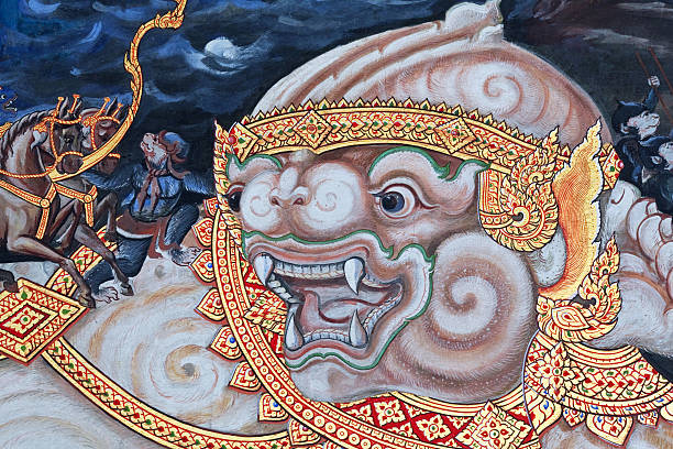 antiga afresco em wat phra kaew, bangkok - temple wat phra kaeo mural wall - fotografias e filmes do acervo