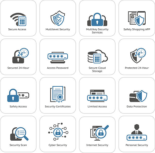 ilustraciones, imágenes clip art, dibujos animados e iconos de stock de diseño plano conjunto de iconos de seguridad y protección. - shield shielding riot shield computer