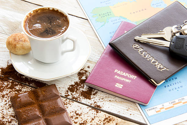 istock Travel planning over world map. Turkish coffee, passport and key 543981082