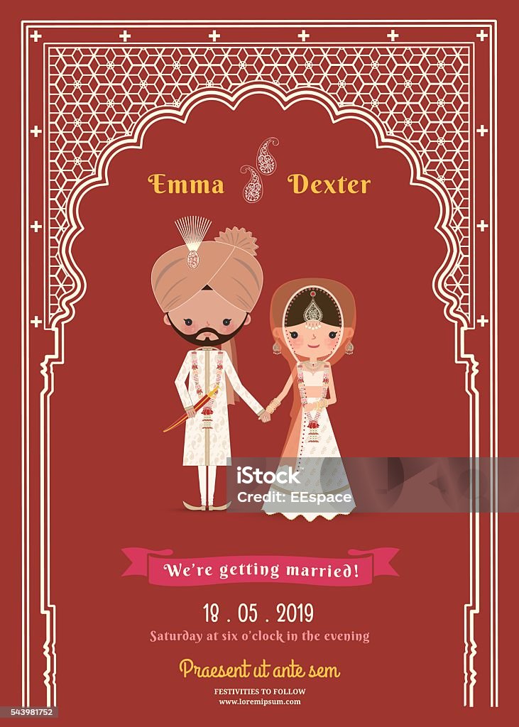 Indian Wedding Bride & Groom Cartoon Save The Date Card Indian Wedding Bride & Groom Cartoon Save The Date Card on Deep Red Background Culture of India stock vector