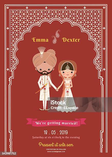 Indian Wedding Bride Groom Cartoon Save The Date Card Stock Illustration - Download Image Now