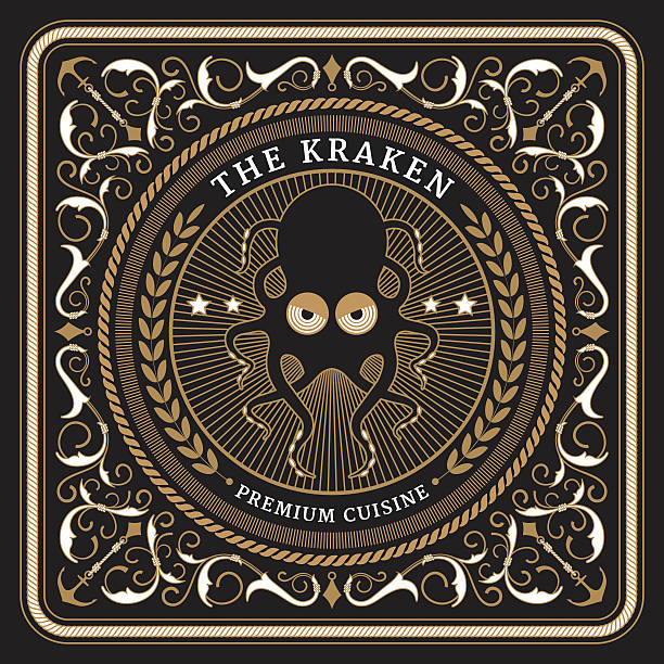 illustrazioni stock, clip art, cartoni animati e icone di tendenza di la kraken carta retrò stile nautico - crown nobility ornate illustration and painting