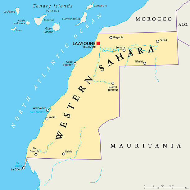 Western Sahara Political Map Western Sahara political map with capital Laayoune, national borders, important places and rivers. A disputed territory in the Maghreb region of North Africa. Illustration with English labeling. mauritania stock illustrations