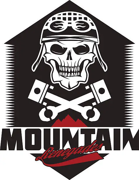Vector illustration of mountain renegades vintage print with skull, pistons mountains