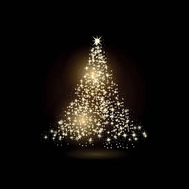 Vector illustration of Christmas tree made with gold sparkles on black background.