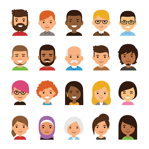 Cartoon avatar set Diverse avatar set isolated on white background. Different skin and hair color, happy expressions. Cute and simple flat cartoon style. man and woman differences stock illustrations