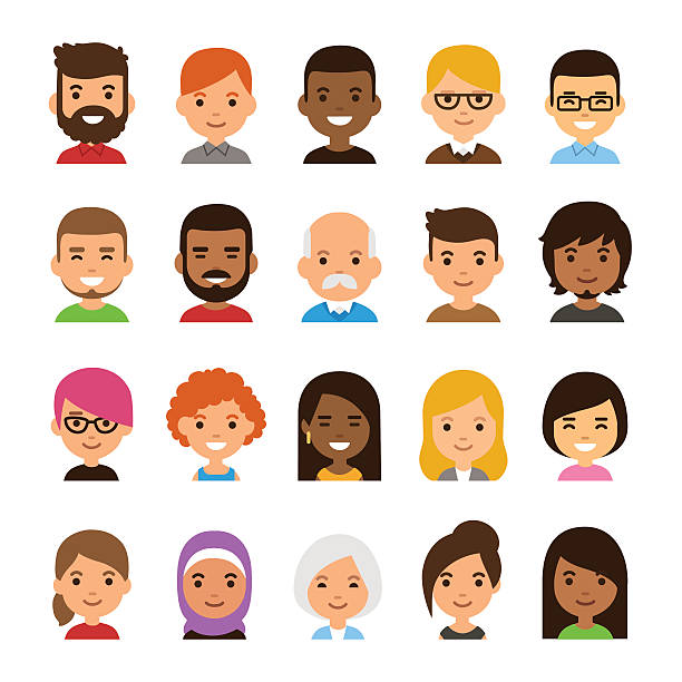 Cartoon avatar set Diverse avatar set isolated on white background. Different skin and hair color, happy expressions. Cute and simple flat cartoon style. black men with blonde hair stock illustrations