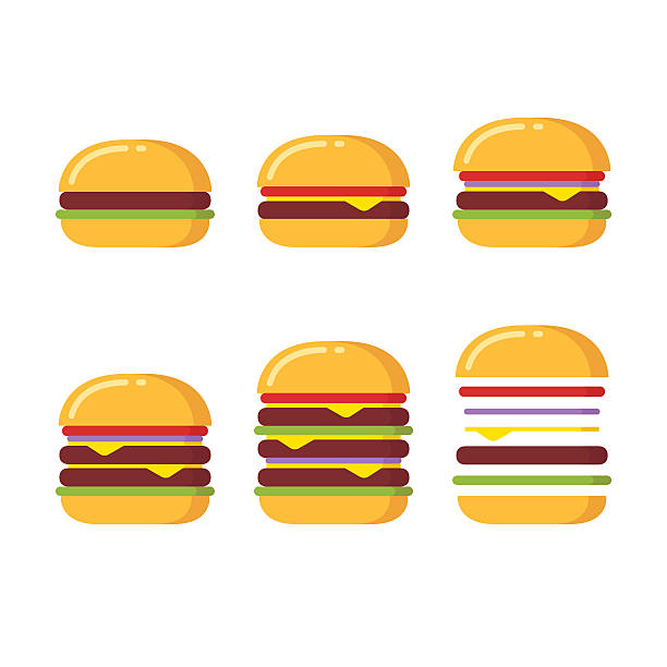 ilustraciones, imágenes clip art, dibujos animados e iconos de stock de conjunto de iconos de hamburguesa - hamburger burger symmetry cheeseburger