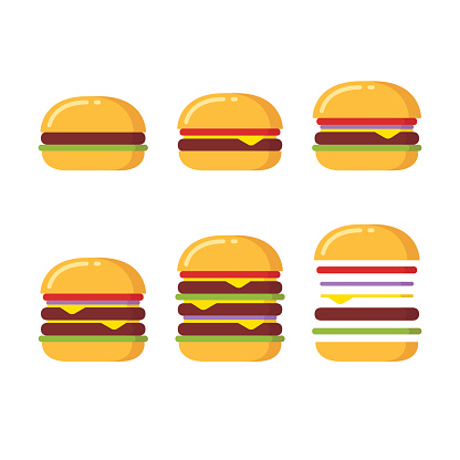 Burger icon constructor set. From simple hamburger to double and triple cheeseburger with tomato, onions and lettuce.
