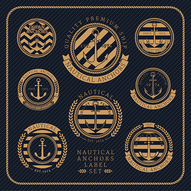 klassisch maritime anker-label auf dunklem hintergrund mit - old ribbon banner seal stamper stock-grafiken, -clipart, -cartoons und -symbole