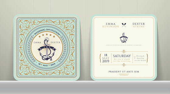 Vintage Nautical Anchors Wedding Invitation Card in Classic Style on Wood Background