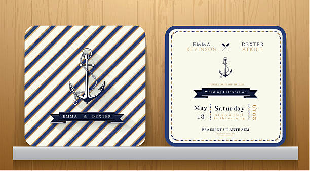 illustrazioni stock, clip art, cartoni animati e icone di tendenza di stile nautico annata ancore carta di invito di nozze con righe blu - nautical vessel wave pattern old fashioned summer