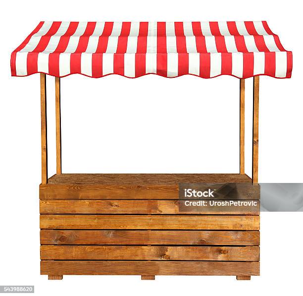 Wooden Market Stand Stall With Red White Striped Awning Stock Photo - Download Image Now