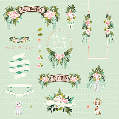 Vintage wedding floral decorative and ornaments set on green background