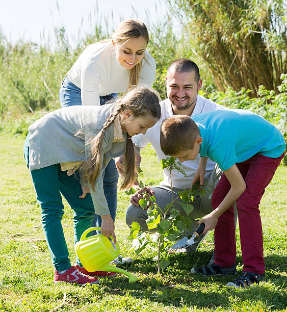 istock Parents with two kids planting a bush 543989026