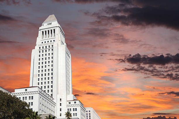 downtown los angeles city hall building with sunrise sky. - los angeles city hall imagens e fotografias de stock
