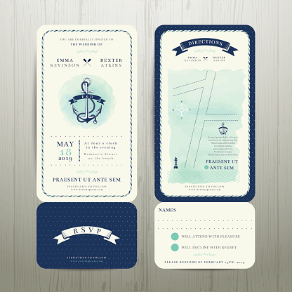 Wedding on the beach watercolour nautical theme with rsvp card set on wood background