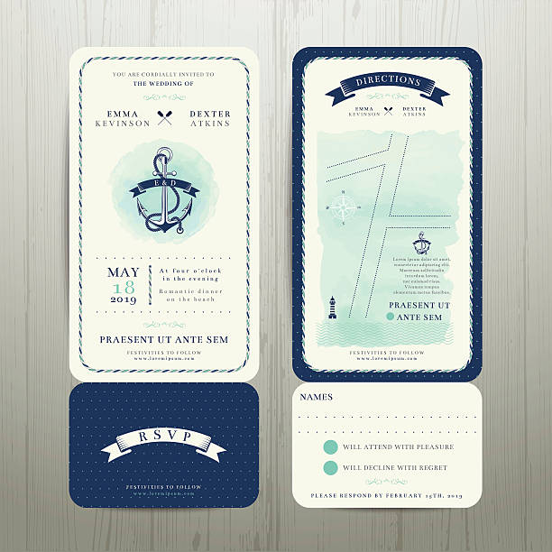 Wedding on the beach watercolour nautical theme with rsvp card Wedding on the beach watercolour nautical theme with rsvp card set on wood background vintage boat stock illustrations