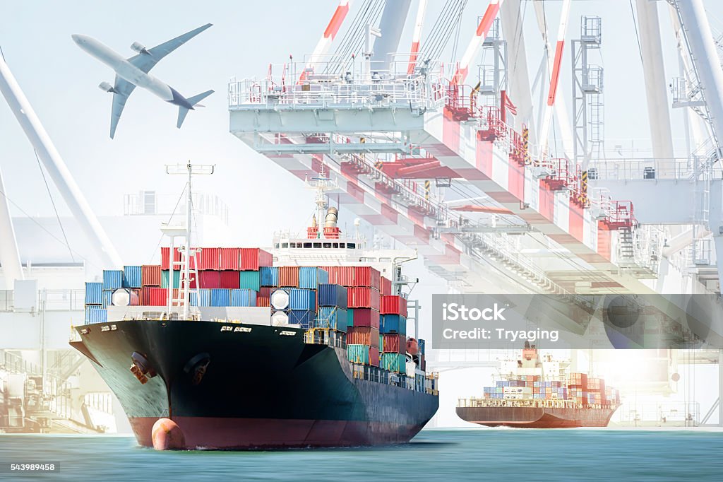 Container Cargo ship and Cargo plane for logistic import export Container Cargo ship and Cargo plane for logistic import export background and transport industry. Cargo Container Stock Photo