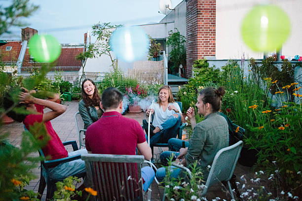 istock young adults, roof garden, talking, smoking Hookah 543992942