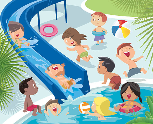 하위 청소년 및 소년 소녀 게임하기 물 공원 - 미끄러짐 일러스트 stock illustrations