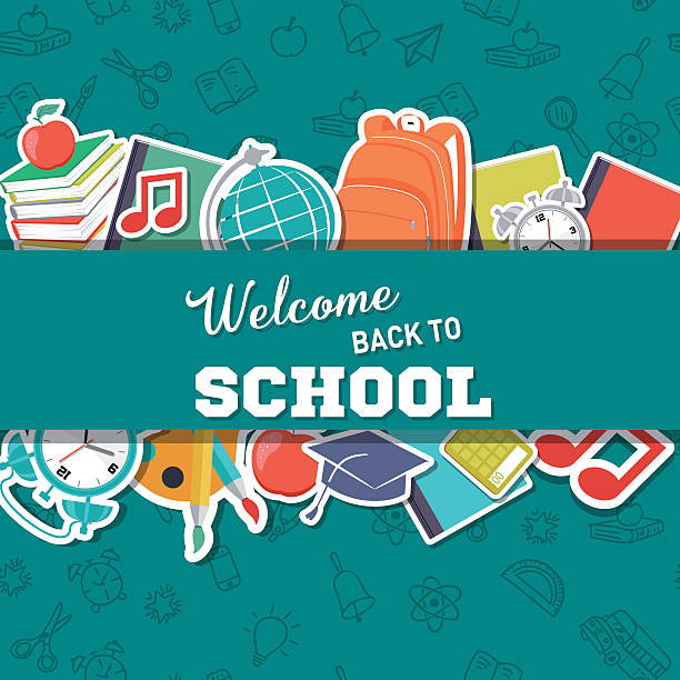 ilustraciones, imágenes clip art, dibujos animados e iconos de stock de suministros de regreso a la escuela de fondo - material escolar