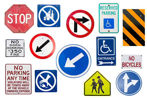 Set of English traffic signs isolated over white background