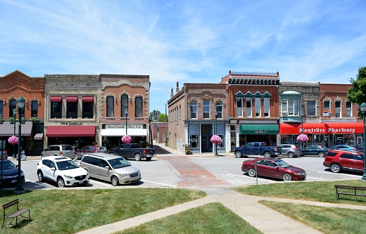Winterset, IA, USA-July 1st, 2016: View of the downtown shopping district of Winterset, Iowa.