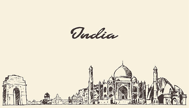 India skyline vector illustration drawn sketch India skyline vector engraved illustration hand drawn sketch mahal stock illustrations