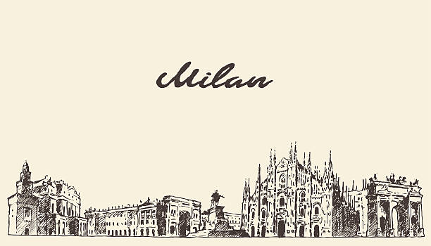 illustrazioni stock, clip art, cartoni animati e icone di tendenza di milano orizzonte italia vettoriale schizzo disegnato a mano libera - milan