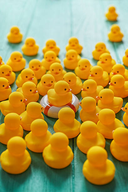 istock Rubber ducks gathering around a duck on a life ring. 544002894