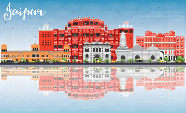 Jaipur Skyline with Color Landmarks, Blue Sky and Reflections. Jaipur Skyline with Color Landmarks, Blue Sky and Reflections. Vector Illustration. Business Travel and Tourism Concept with Historic Buildings. Image for Presentation Banner Placard and Web Site. jaipur stock illustrations