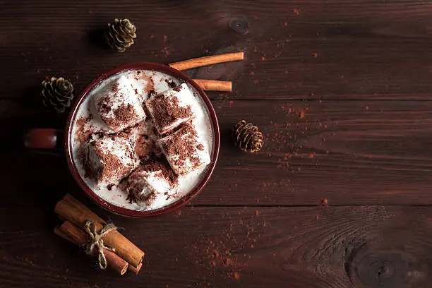 Hot chocolate in a mug, marshmallows, cinnamon sticks and fir cones, top view, flat lay