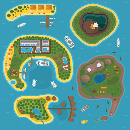 Travel island top view tourism vector illustration in flat style. World travel island top view beach paradise. Water tourism summer holidays vacation island top view journey trip plan.