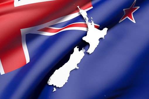 3d rendering of a New Zealand map and flag