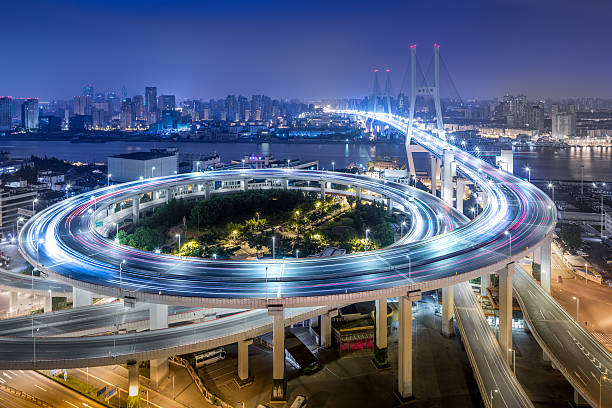 Bridge traffic at night Night, Multiple Lane Highway, Nanpu Bridge, Futuristic, Asia car street blue night stock pictures, royalty-free photos & images