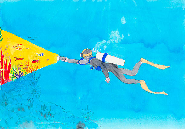 Bекторная иллюстрация Глубокое море, подводным плаванием с факел и коралловый риф.